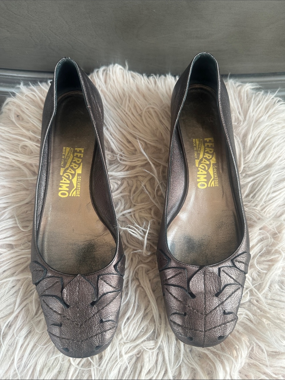 Salvatore Ferragamo Metallic Bronze Leather Ballet Flats